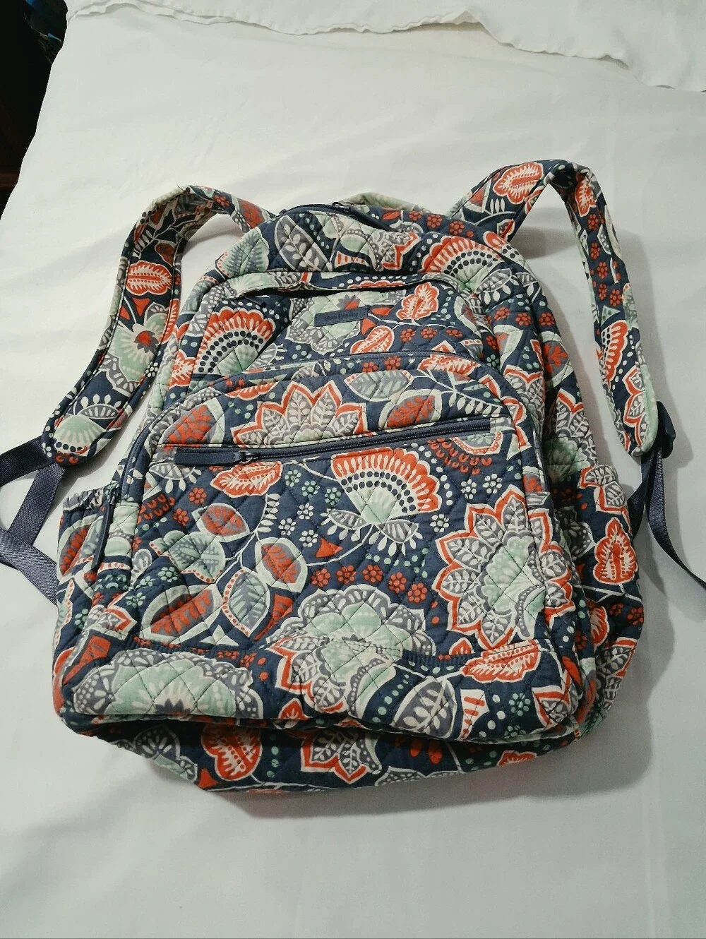Vera Bradley Navy Quilted Floral Backpack with Coral & Mint Accents